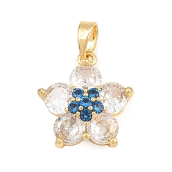 Flower Brass Pave Cubic Zirconia Pendants, Golden, Blue, Flower Charms, 16x15x6mm, Hole: 5x2mm