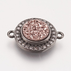 Розово-Коричневый Латунные микро проложить кубических ссылки циркония, с друзу смолой кабошон, плоско-круглые, металлический черный , розово-коричневый, 17x13x3~5 мм, отверстие : 1.2 мм