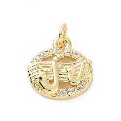 Golden Brass Micro Pave Cubic Zirconia Charms, with Jump Ring, Oval with Ancient Horn Bugle Charm, Golden, 12x11.5x2.5mm, Hole: 2.8mm