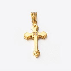 Золотой 304 креста нержавеющей стали горный хрусталь подвески, золотые, 32x18x4 мм, отверстие : 6x5 мм