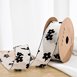 Flower 10 Yards Printed Polyester Chiffon Ribbons, Garment Accessories, Gift Packaging, Black, Flower, 1-5/8 inch(40mm), 10 Yards/Roll