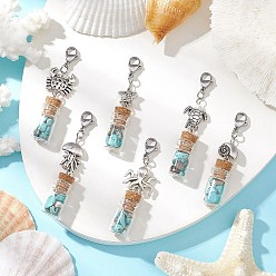 Античный Серебристый & Платиновый Стеклянная бутылка желаний с синтетическими бирюзовыми бусинами внутри подвесных украшений, застежки в виде морских животных и клешней омара для украшений сумок, старинное серебро и платина, 50.5~57 мм, 6 шт / комплект