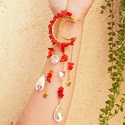 Glass Стеклянная крошка висит подвеска в виде ловца солнца украшение, хрустальные стеклянные призматические подвески в форме капли и восьмиугольное звено, с латунной фурнитурой , луна, 260~270 мм