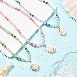 Mixed Color Summer Beach Natural Shiva Eye Shell Pendant Necklaces, Dyed Natural Malaysia Jade Faceted Rondelle Beaded Necklaces for Women, Golden, Mixed Color, 17.72 inch(45cm)