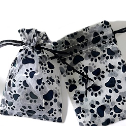 Paw Print Сумки из органзы с принтом и завязками, прямоугольные мешочки для драгоценностей, свадебная вечеринка рождественские подарочные пакеты, чёрные, отпечаток лапы, 18x13 см