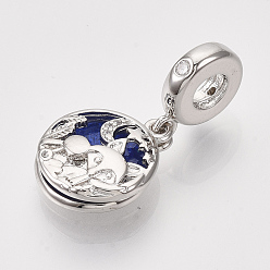Real Platinum Plated Brass Cubic Zirconia European Dangle Charms, Large Hole Pendants, with Blue Enamel, Flat Round with Fox, Real Platinum Plated, 26mm, Hole: 4mm, Flat Round: 15x13x4.5mm