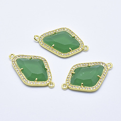 Medium Sea Green Brass Micro Pave Cubic Zirconia Links, with Glass, Faceted, Rhombus, Golden, Medium Sea Green, 33x20x5mm, Hole: 1.6mm