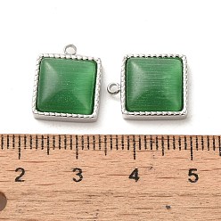 Light Green 304 Stainless Steel Charms, with Cat Eye, Saqure Charms, Real 14K Gold Plated, Light Green, 14.5x12x5.3mm, Hole: 1.4mm