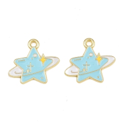 Bleu Ciel Pendentifs en émail , charmes étoiles, or, bleu ciel, 16x18x1mm, Trou: 1.6mm