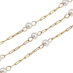 Настоящее золото 18K 304 цепи из нержавеющей стали, круглые, с абс пластмассовыми жемчужными бисером, ионное покрытие (ip), несварные, реальный 18 k позолоченный, 2x0.5x0.1 мм