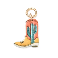 Teal Spray Painted Brass Pendants, Cowboy Boot with Cactus Charms, Golden, Teal, 15.5x13x2mm, Hole: 3.8mm