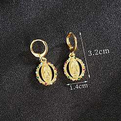 Разноцветный Латунные серьги горный хрусталь обручем, овальные с рисунками " virgin mary", золотые, красочный, 32x14 мм