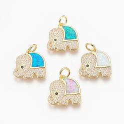 Golden Brass Micro Pave Cubic Zirconia Pendants, with Synthetic Opal, Elephant, Mixed Color, Golden, 17x16x2.5mm, Hole: 4mm