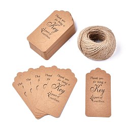 BurlyWood Paper Gift Tags, Hang Tags, with Jute Twine, for Wedding Thanksgiving, Rectangle with Word Thank You for Being a Key Part of Our Lives, BurlyWood, 9.5x4.5x0.05mm, Hole: 5.3mm, 100pcs/set