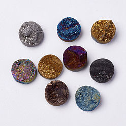 Mixed Color Electroplated Natural Druzy Agate Cabochons, Flat Round, Mixed Color, 12x4~8mm