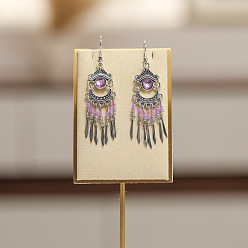 Орхидея Плоские круглые серьги-люстры в стиле бохо из сплава, стразов и стеклянных бусин, античное серебро, сиреневые, 90 мм