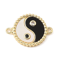 Black Brass Clear Cubic Zirconia & Natural White Shell & Resin Connector Charms, Flat Round with Yin-yang Links, Rack Plating, Long-Lasting Plated, Cadmium Free & Lead Free, Real 18K Gold Plated, Black, 16x22x2.5mm, Hole: 1.5mm