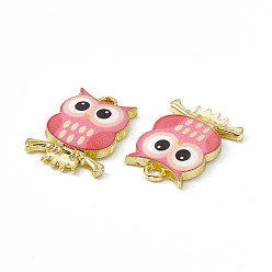 Light Coral Painted Alloy Pendants, Owl Charm, Cadmium Free & Nickel Free & Lead Free, Golden, Light Coral, 21.5x15x2.3mm, Hole: 2mm