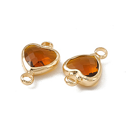 Smoked Topaz Transparent K9 Glass Connector Charms, Heart Links, with Light Gold Tone Brass Findings, Smoked Topaz, 14x8.5x3.7mm, Hole: 1.8mm