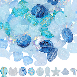 Светло-Голубой 90 шт. 9 стили прозрачные стеклянные бусины, окрашенные распылением, Небесно-голубой, 10~15x8~16x5~9 мм, отверстие : 0.9~1.2 мм, 10 шт / стиль