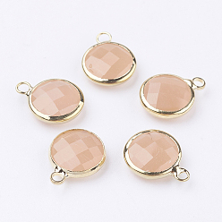 Темно-Оранжевый Золотой латуни стеклянные тон плоские круглые прелести, граненые, темно-оранжевый, 12x8.5x3 мм, отверстие : 1.5 мм