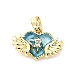 Темный Голубой Латунные микро проложить кубического циркония подвески, сердце с крыльями, с эмалью, долговечный, стойки покрытие, без свинца и без кадмия, реальный 18 k позолоченный, темные голубые, 11.5x18.5x4.5 мм, отверстие : 4.5x2.5 мм