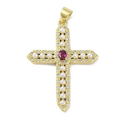 Темно-Красный Покрытие стойки латунь микро паве подвески с кубическим цирконием и искусственным жемчугом, без свинца и без кадмия, долговечный, реальный 18 k позолоченный, крестик, темно-красный, 36x26x4 мм, отверстие : 4.5x3 мм