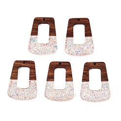 Льняное Полотно Подвески из эпоксидной смолы и орехового дерева, с пайеткой / блестками, трапециевидные, белье, 37x27.5x3.5 мм, отверстие : 2 мм