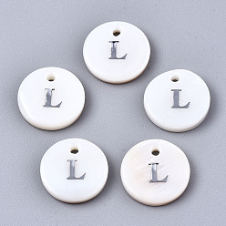 Letter L Natural Freshwater Shell Pendants, with Platinum Plated Iron Etched Metal Embellishments, Flat Round with Initial Letter, White, Letter.L, 11x2mm, Hole: 1.5mm