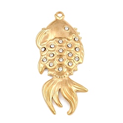 Golden 304 Stainless Steel with Crystal Rhinestone Big Pendants, Fish Charms, Golden, 50x22x3.5mm, Hole: 2mm