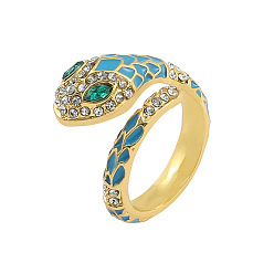 Темно-бирюзовый Кольца-манжеты из цинкового сплава со змеиной эмалью и стразами для женщин, золотые, темные бирюзовый, внутренний диаметр: 18 мм