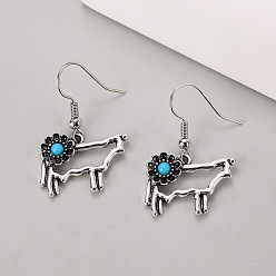 (461) Высокий Металлик Виноград Серьги-подвески из сплава и синтетической бирюзы, античное серебро, крупный рогатый скот, 33x20 мм