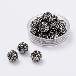 Jet Hematite Pave Disco Ball Beads, Polymer Clay Rhinestone Beads, Grade A, Round, Jet Hematite, PP14(2~2.1mm), 10mm, Hole: 1.0~1.2mm