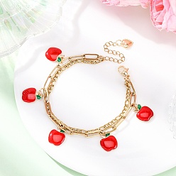 Яблоко 304 браслеты из нержавеющей стали с цепочкой из фигаро и скрепок, браслеты из сплава эмали для женщин, яблоко, 7-1/8~7-1/4 дюйм (18~18.4 см)