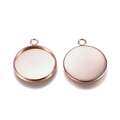 Rose Gold 201 Stainless Steel Pendant Cabochon Settings, Plain Edge Bezel Cups, Flat Round, Rose Gold, Tray: 18mm, 23.5x20x2mm, Hole: 2mm