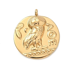 Золотой 304 подвески из нержавеющей стали, ионное покрытие (ip), плоский круглый с амулетом в виде афинской совы, золотые, 29x25x5 мм, отверстие : 2~2.5 мм