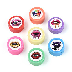 Разноцветный Печатные бусины из полимерной глины ручной работы, плоский круглый с рисунком губы, красочный, 9~10x4~5 мм, отверстие : 1.8~2 мм