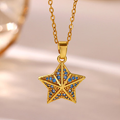 Starfish Ocean Brass Pave Blue Cubic Zirconia Pendant Necklaces, Golden, Starfish, 14.96 inch(38cm), pendant: 20x18mm