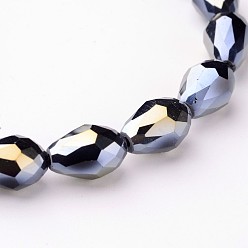 Black Electroplate Glass Beads Strands, AB Color Plated, Faceted Teardrop, Black, 12x8mm, 58pcs/strand, 26.5 inch