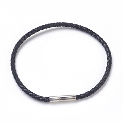 Schwarz Leder Schnur Armband machen, mit Messing-Schließen, Platin Farbe, Schwarz, 7-1/2 Zoll (19cm)~8-1/8 Zoll (20.5cm), 3 mm