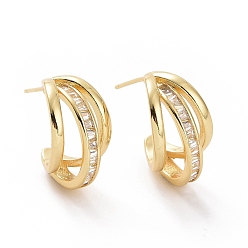 Golden Clear Cubic Zirconia Arch Stud Earrings, Brass Jewelry for Women, Golden, 17x12mm, Pin: 0.8mm