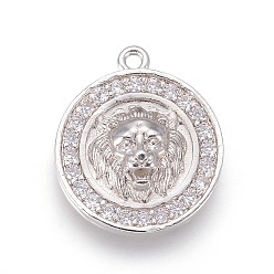 Platinum & Golden Brass Micro Pave Cubic Zirconia Pendants, Long-Lasting Plated, Flat Round with Lion Head, Clear, Mixed Color, 18x16x4mm, Hole: 1.2mm