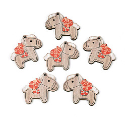 Античный Белый Печатные деревянные подвески, лошади прелести, старинный белый, 36.5x40x3 мм, отверстие : 2 мм