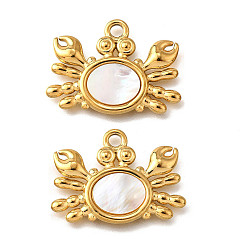 Краб 304 подвески из нержавеющей стали с натуральными белыми ракушками, прелести морских животных, золотые, ионное покрытие (ip), краб, 19x25.5x2 мм, отверстие : 2.2 мм