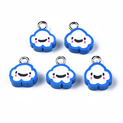 Dodger Blue Handmade Polymer Clay Charms, with Platinum Plated Iron Loop, Cloud with Smile, Dodger Blue, 11~14x9~11.5x4mm, Hole: 1.8mm