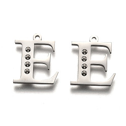 Letter E Anlaufgeschützt 304 Buchstabenanhänger aus Edelstahl mit Strass-Fassungen, letter.e, 15.5x13x1.5 mm, Bohrung: 1.2 mm, Passform von: 1.6mm Strass