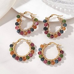 Золотой 2 пары 2 стили серьги-кольца из натурального зеленого нефрита с имитацией турмалина и бусинами, с 201 серьгами из нержавеющей стали, форма сердца и кольца, золотые, 30~31x31~33x5 мм, 1 пара / стиль