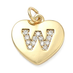 Letter W Латунные микропаве прозрачные подвески с фианитом, сердце прелести, без кадмия и без свинца, стойки покрытие, долговечный, реальный 18 k позолоченный, Буква W, 15x15x2 мм, отверстие : 3 мм