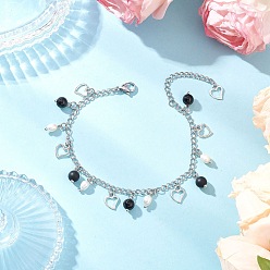 Нержавеющая Сталь Цвет 304 Браслеты с подвесками из нержавеющей стали для женщин, сердце, с натуральным черным агатом и натуральным жемчугом, цвет нержавеющей стали, 7-3/8 дюйм (188 мм)