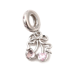 Платина 925 европейские подвески из стерлингового серебра, с кубического циркония, вишня и бант, Подвески с большими отверстиями, платина, 21.5 мм, отверстие : 4.5 мм, Кулон : 12.5x8.5x4.5 мм
